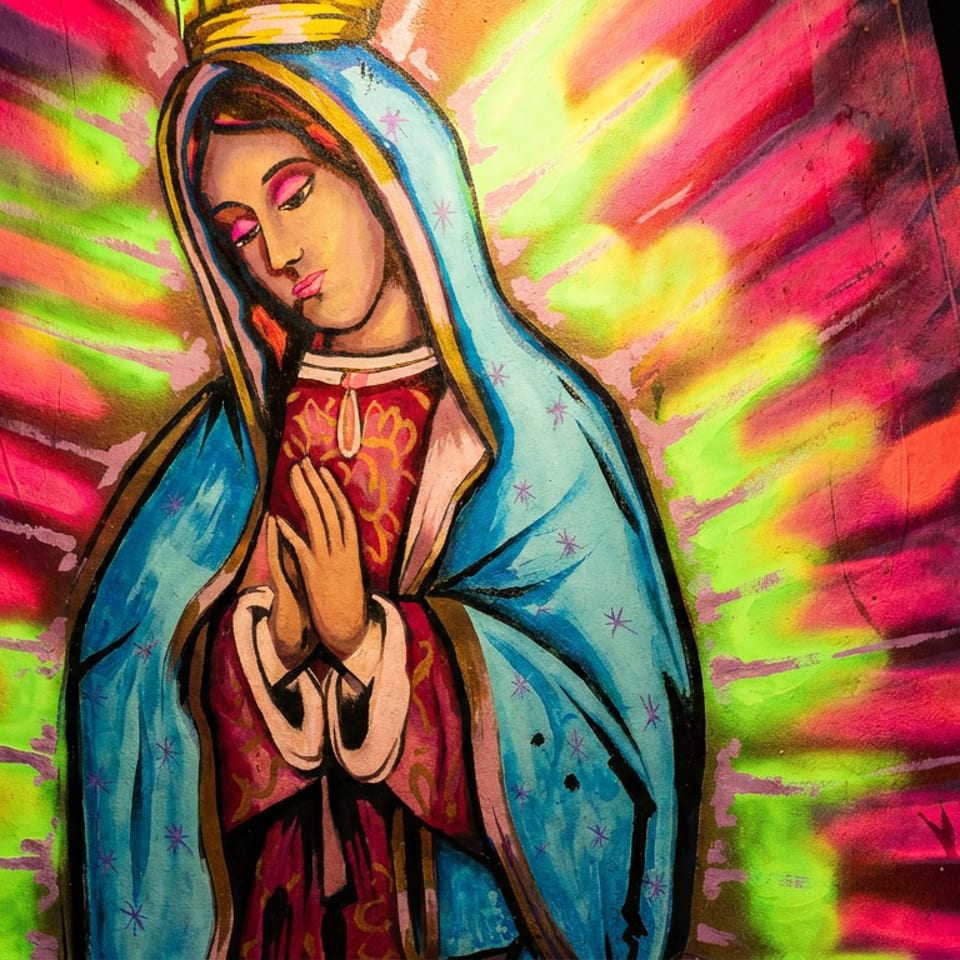 Colorful Virgin Mary mural with a bright neon pink and green background, inside a restaurant.